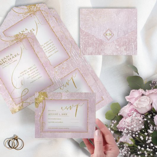 Invitation Tout En Un Fine Lines Gold Abstrait Mariage V3 Mauve ID867