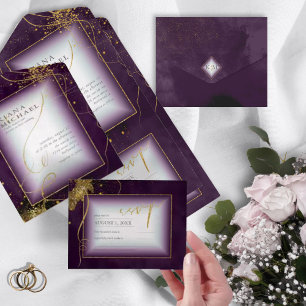 Invitation Tout En Un Fine Lines Gold Abstrait Mariage V3 Plum ID867