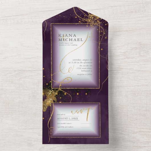 Invitation Tout En Un Fine Lines Gold Abstrait Mariage V3 Plum ID867 (À l'intérieur)