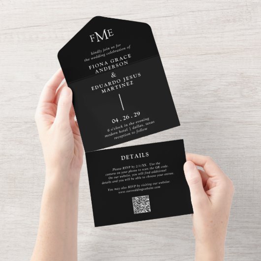Invitation Tout En Un Fiona Black Bold Monogramme Mariage moderne (Déchirure)