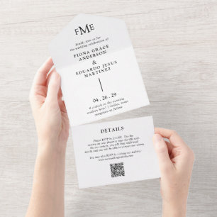 Invitation Tout En Un Fiona Noir et Blanc Monogramme Gras Mariage Modern