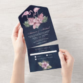 Invitation Tout En Un Flamant rose floral rose tropical Mariage bleu mar (Déchirure)