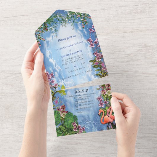 Invitation Tout En Un Flamant rose Tropical BlueMarble tout en une invit (Déchirure)