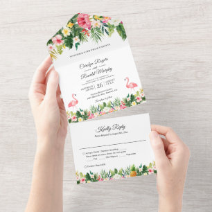 Invitation Tout En Un Flamants roses Palm Tropical Feuille Floral Mariag