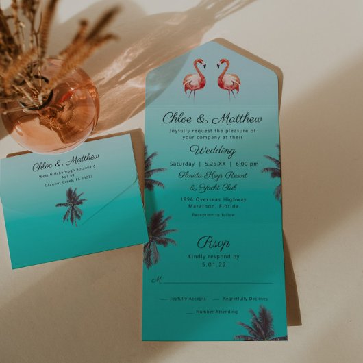 Invitation Tout En Un Flamants roses Plage tropicale tout en un mariage