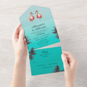 Invitation Tout En Un Flamants roses Turquoise Tropical Beach (Déchirure)