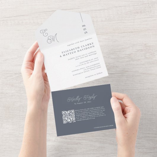 Invitation Tout En Un Fleet Grey | Code QR Mariage monogramme minimal (Déchirure)