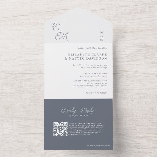 Invitation Tout En Un Fleet Grey | Code QR Mariage monogramme minimal (À l'intérieur)