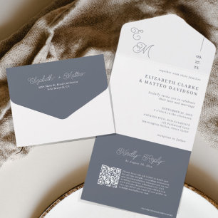 Invitation Tout En Un Fleet Grey Code QR Mariage monogramme minimal