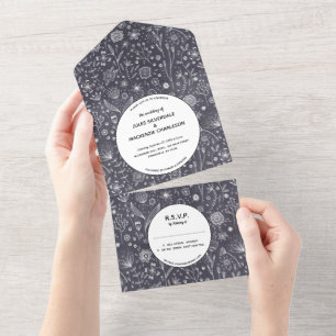Invitation Tout En Un Fleur Chalkboard Monochrome Mariage moderne