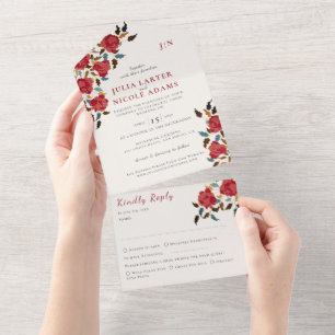 Invitation Tout En Un Fleur de mariage Rose Rouge Dorée Élégante Poussié