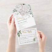 Invitation Tout En Un Fleur de pivoines blanches rustiques au dîner blan (Déchirure)