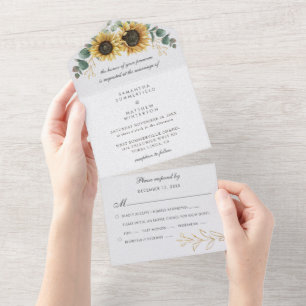 Invitation Tout En Un Fleur de Soleil Floral Eucalyptus Mariage de verdu