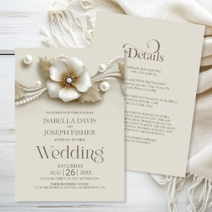 Invitation Tout en Un Fleur et Perles Mariage