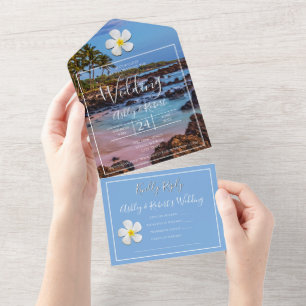 Invitation Tout En Un Fleur Plumeria blanche avec plage tropicale, Maria