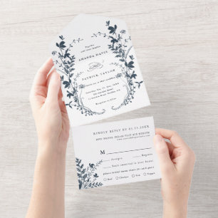 Invitation Tout En Un Fleur sauvage blanc et marine Silhouette Mariage d