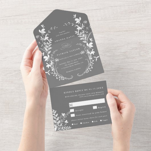 Invitation Tout En Un Fleur sauvage blanc Silhouette Wreath Mariage gris (Déchirure)