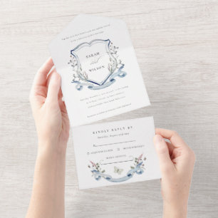 Invitation Tout En Un Fleur sauvage bleu Aquarelle Monogram Crest Mariag