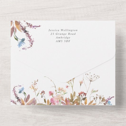 Invitation Tout En Un Fleur sauvage Bohême Mauve Mariage tout en un (Verso)