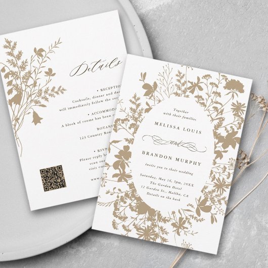 Invitation Tout en un Fleur sauvage cadre Mariage Tan et blan