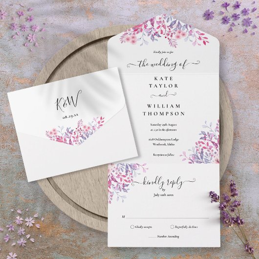 Invitation Tout En Un Fleur sauvage   de script Monogramme Mariage
