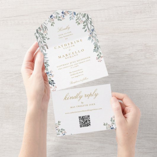 Invitation Tout En Un Fleur sauvage Floral QR Code Gold Mariage (Déchirure)