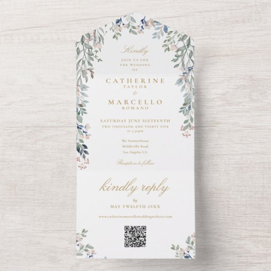 Invitation Tout En Un Fleur sauvage Floral QR Code Gold Mariage (À l'intérieur)