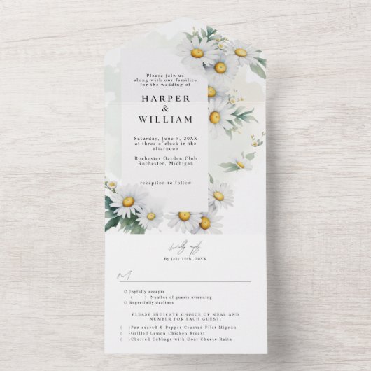 Invitation Tout En Un fleur sauvage marguerite rsvp mariage attaché (À l'intérieur)