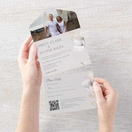 Invitation Tout En Un Fleur sauvage moderne aquarelle photo Mariage QRCo (Déchirure)