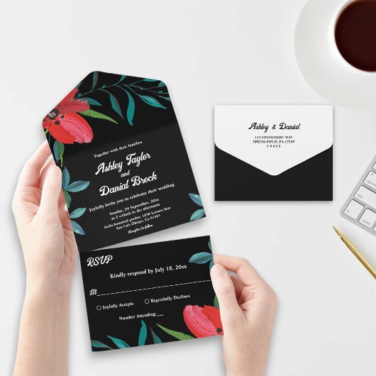 Invitation Tout En Un Fleur sauvage noir et blanc Rose rouge Mariage Flo