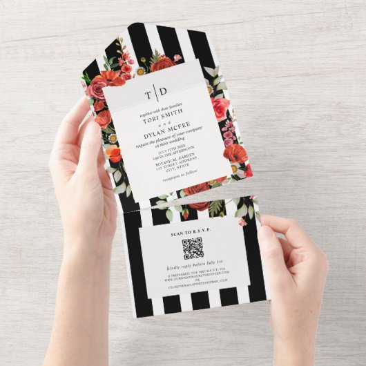 Invitation Tout En Un Fleur sauvage Poppy Red Floral Grille Mariage RSVP (Déchirure)