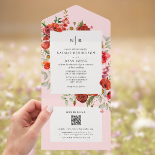 Invitation Tout En Un Fleur sauvage Poppy Rouge Floral rose Mariage QR R