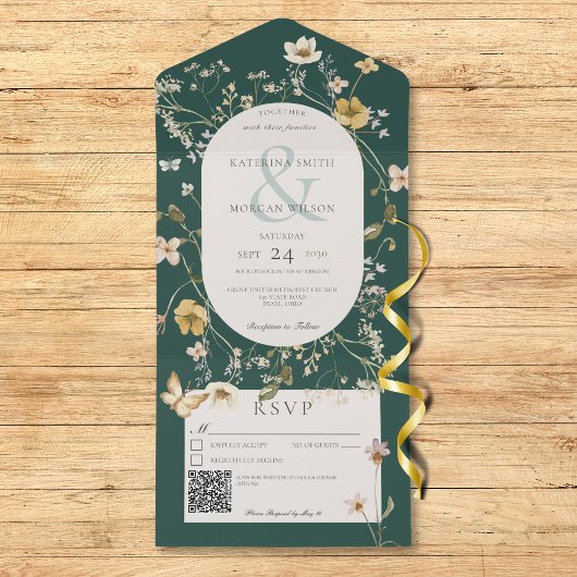 Invitation Tout En Un Fleur sauvage rustique Emerald Green QR Code