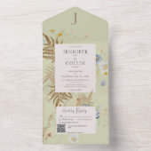 Invitation Tout En Un Fleur sauvage rustique Lt Green Monogramme QR Code (À l'intérieur)