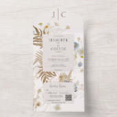 Invitation Tout En Un Fleur sauvage rustique Monogram Cream QR Code (À l'intérieur)
