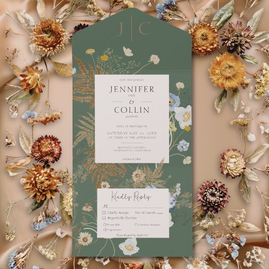 Invitation Tout En Un Fleur sauvage rustique Monogram Sage Green Dinner