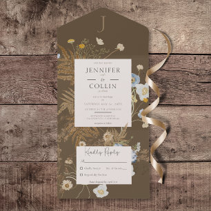Invitation Tout En Un Fleur sauvage rustique Monogramme Brown Pas de dîn