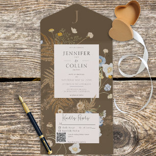 Invitation Tout En Un Fleur sauvage rustique Monogramme Brown QR Code