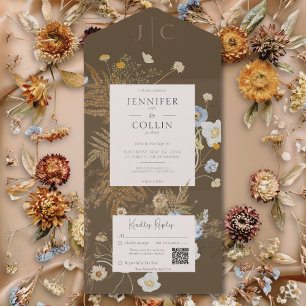 Invitation Tout En Un Fleur sauvage rustique Monogramme Brown QR Code