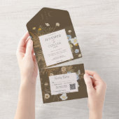 Invitation Tout En Un Fleur sauvage rustique Monogramme Brown QR Code (Déchirure)