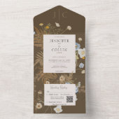 Invitation Tout En Un Fleur sauvage rustique Monogramme Brown QR Code (À l'intérieur)