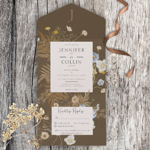 Invitation Tout En Un Fleur sauvage rustique Monogramme Dîner Brown
