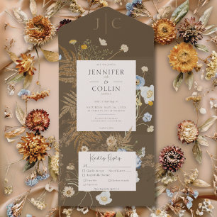 Invitation Tout En Un Fleur sauvage rustique Monogramme Dîner Brown