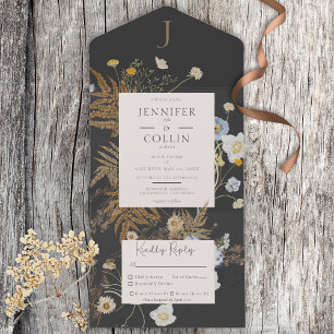 Invitation Tout En Un Fleur sauvage rustique Monogramme Dîner Noir Charc