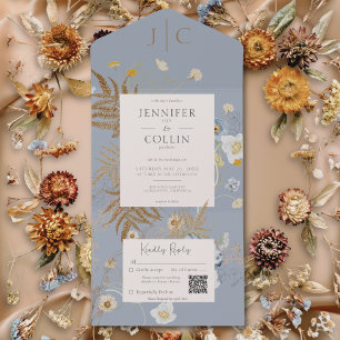 Invitation Tout En Un Fleur sauvage rustique Monogramme Dusty bleu QR Co