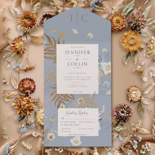 Invitation Tout En Un Fleur sauvage rustique Monogramme Dusty Dîner bleu
