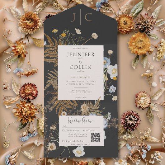 Invitation Tout En Un Fleur sauvage rustique Monogramme noir QR Code