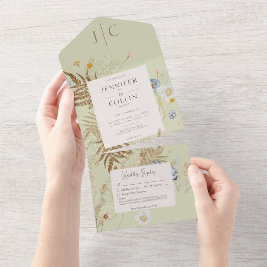Invitation Tout En Un Fleur sauvage rustique Monogramme Vert clair Pas d (Déchirure)