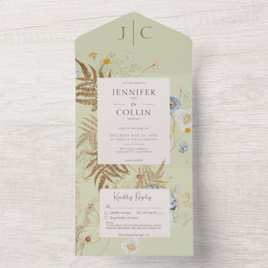 Invitation Tout En Un Fleur sauvage rustique Monogramme Vert clair Pas d (À l'intérieur)