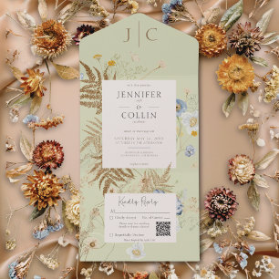 Invitation Tout En Un Fleur sauvage rustique Monogramme vert clair QR Co
